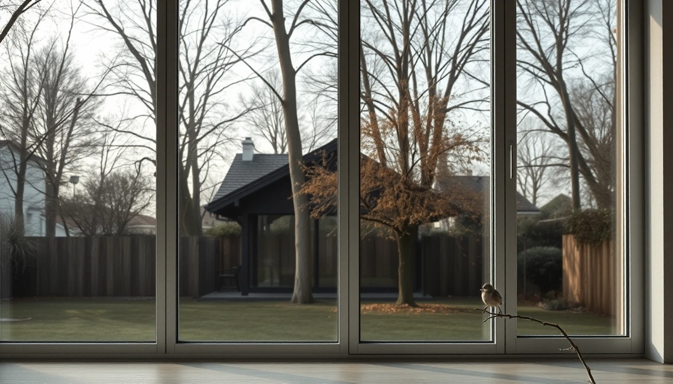 KI-Symbolbild: Große Glasfront mit Blick auf einen winterlichen Garten und ein Haus, davor ein kleiner Vogel auf einem Zweig.