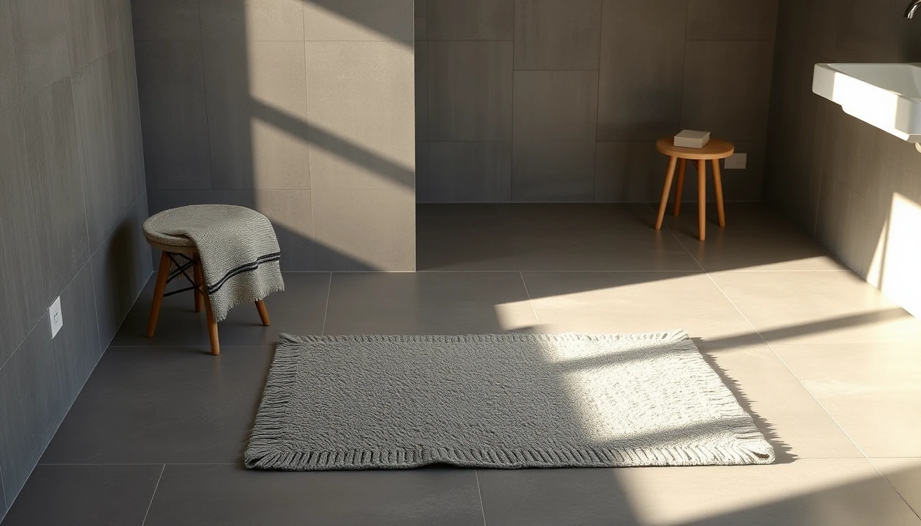 KI-Symbolbild: Frisch renoviertes Badezimmer mit grauen Bodenfliesen, einem grauen Badvorleger und einem Holzhocker im weichen Licht.