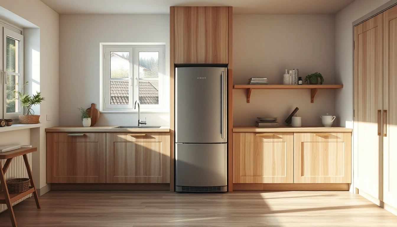 KI-Symbolbild: Helle Holzküche mit einem Edelstahl-Kühlschrank in einer Möbelnische neben Spüle, Regal und Arbeitsplatte im Tageslicht.