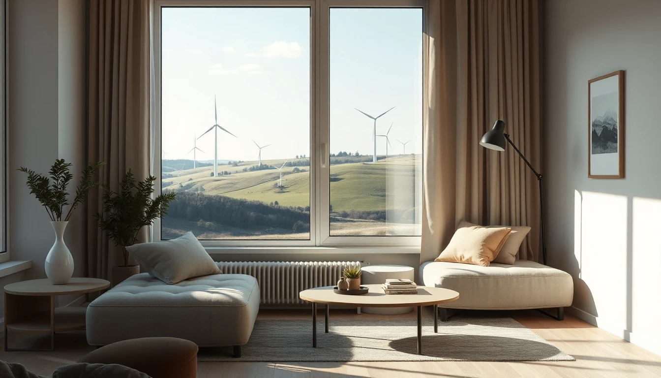 KI-Symbolbild: Helles Wohnzimmer mit Sofa und Couchtisch, durch das große Fenster sieht man Windräder auf grünen Hügeln.