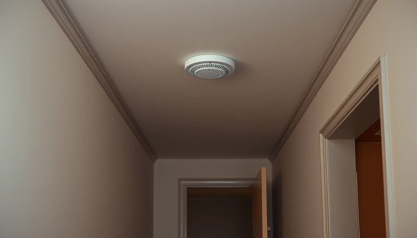 KI-Symbolbild: Kleiner runder weißer Warnmelder an der Decke eines Flurs, im Hintergrund eine teils geöffnete Tür.