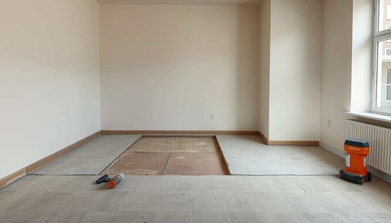 KI-Symbolbild: Leerer Raum in Renovierung, im Boden ist eine Aussparung mit freigelegten Bodenschichten, daneben liegen Werkzeug und ein orangefarbenes Gerät.