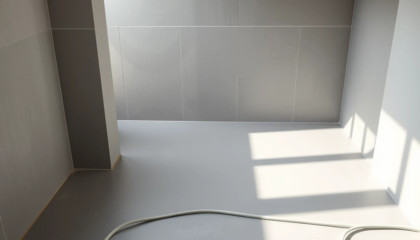 KI-Symbolbild: Rohbau-Badezimmer mit grau abgedichtetem Boden und grauen Wandflächen im einfallenden Tageslicht, ein Kabel liegt auf dem Boden.
