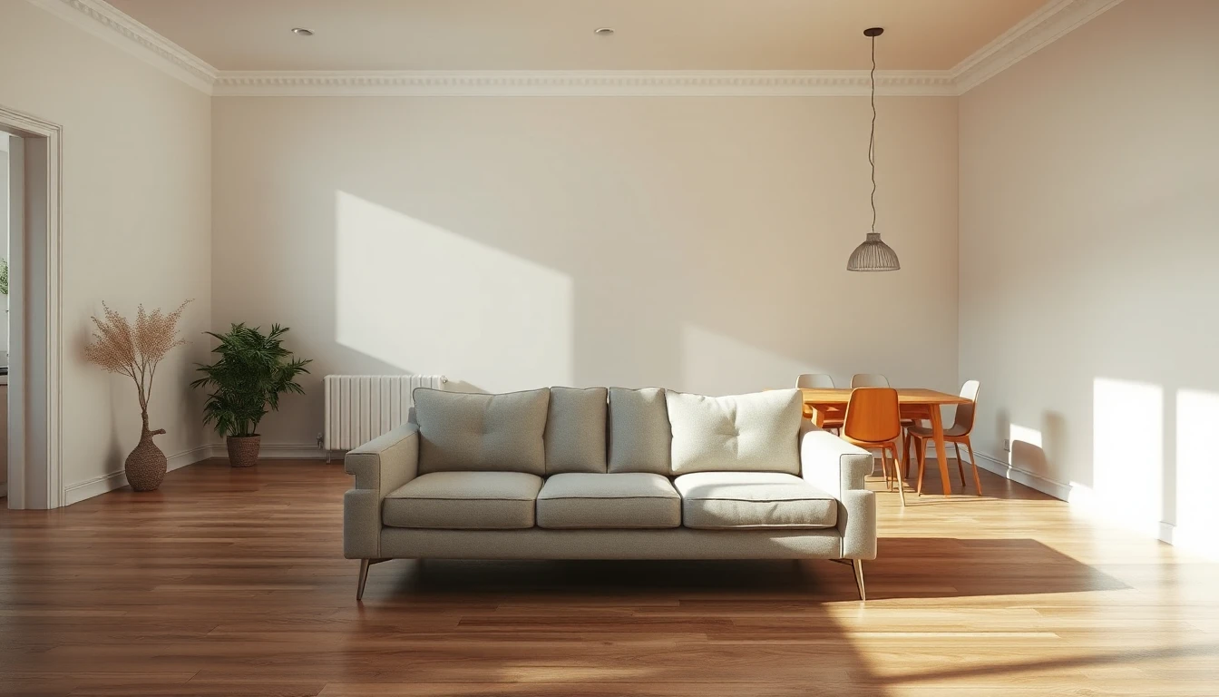 KI-Symbolbild: Frisch renovierter Wohn- und Essraum mit kahlen hellen Waenden, Holzboden, einem einzelnen Sofa und einem Esstisch im Hintergrund.