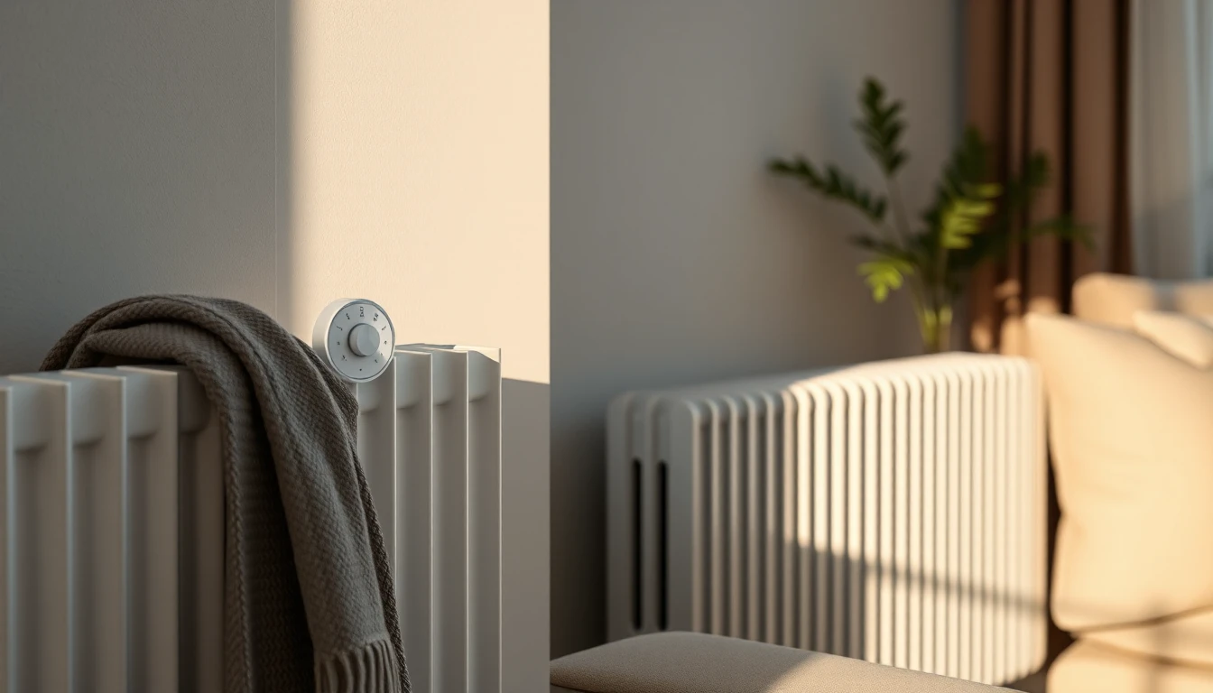 KI-Symbolbild: Weißer Heizkörper mit rundem Thermostatkopf, darüber eine graue Strickdecke, rechts ein Sofa mit Kissen im warmen Abendlicht.