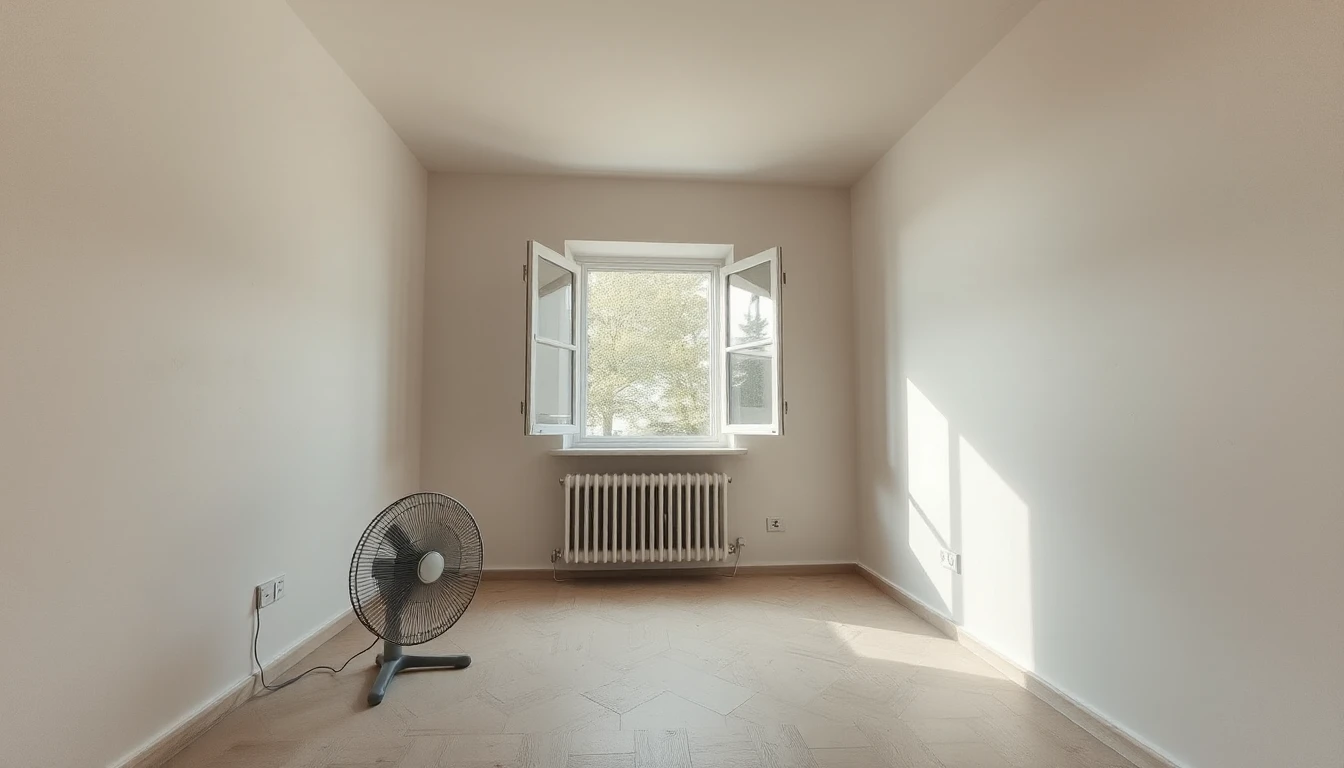 KI-Symbolbild: Leerer Raum mit verputzten Wänden, offenem Fenster, Heizkörper und einem Standventilator auf dem Boden.