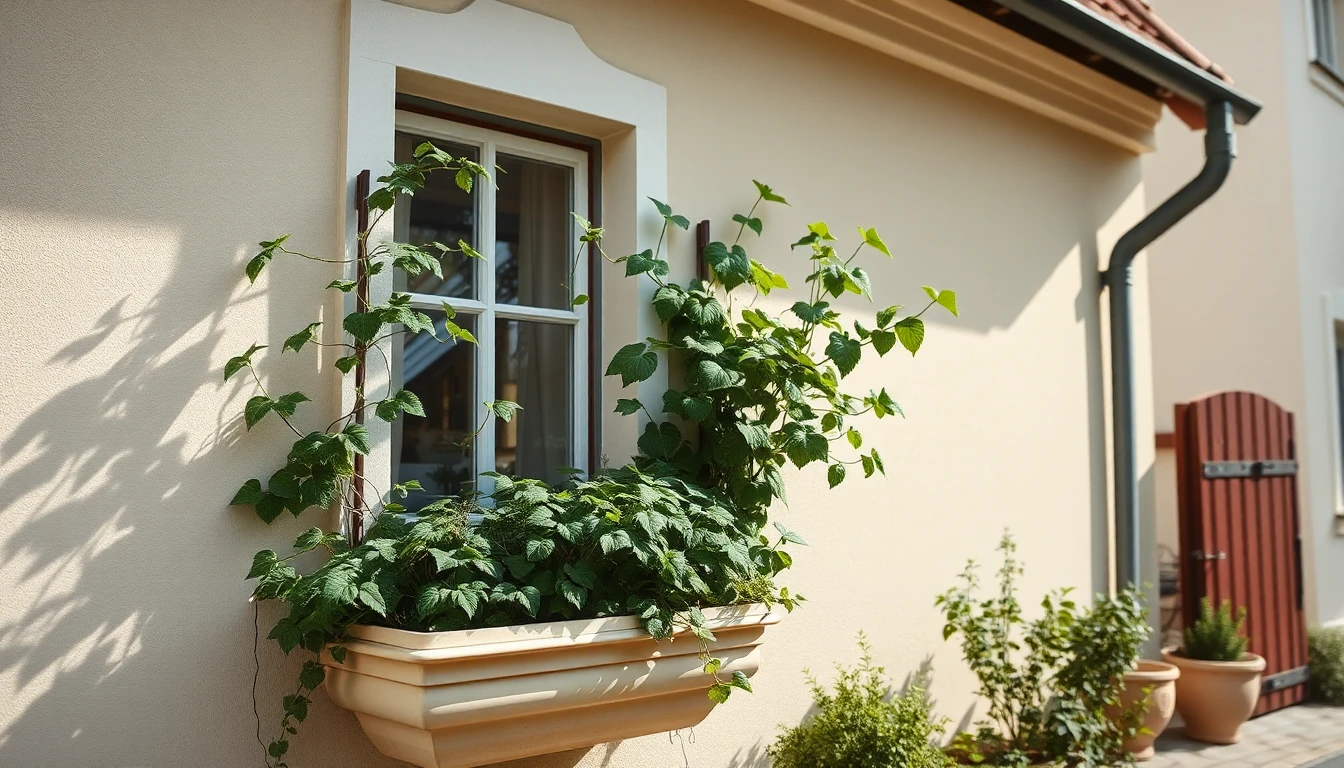KI-Symbolbild: Heller Pflanztrog an einer Hausfassade unter einem Fenster, aus dem Kletterpflanzen an Rankstäben nach oben wachsen.