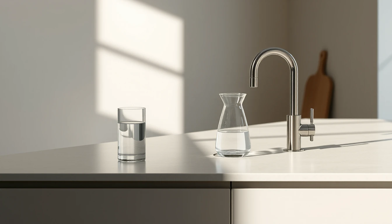 KI-Symbolbild: Hell beleuchtete Küchenarbeitsplatte mit einem Glas Wasser, einer Glaskaraffe und einem Wasserhahn aus Edelstahl.
