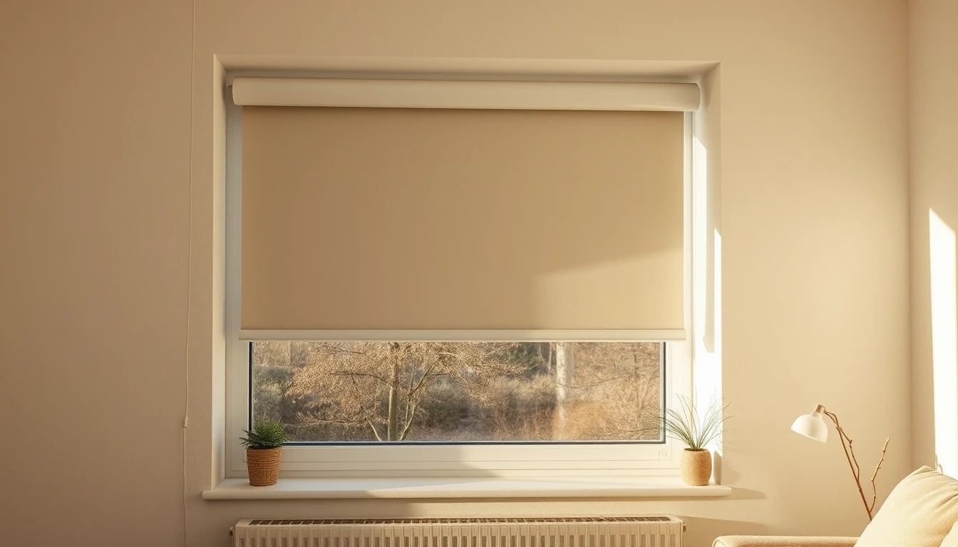 KI-Symbolbild: Beiges Rollo vor einem großen Fenster, zu etwa zwei Dritteln heruntergelassen, darunter Blick auf kahle Bäume und ein Heizkörper.
