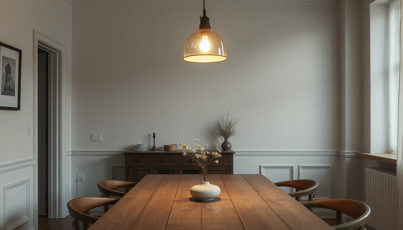 KI-Symbolbild: Pendelleuchte mit gläsernem Schirm und warmem Licht über einem Holztisch mit Vase und Stühlen in einem Esszimmer.