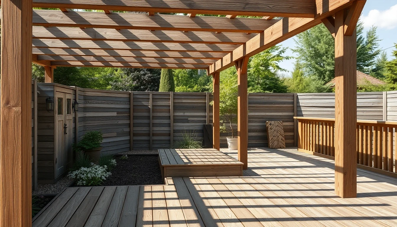 KI-Symbolbild: Eine Holzpergola auf einer sonnigen Holzterrasse im Garten, daneben ein verwitterter grauer Holzzaun und Pflanzen.