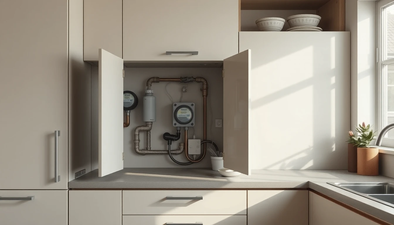 KI-Symbolbild: Eine moderne Küche mit geöffnetem Oberschrank, hinter dem Rohrleitungen, ein Wasserzähler und weitere Haustechnik zu sehen sind.