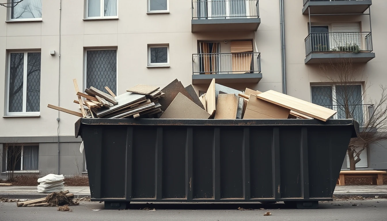 KI-Symbolbild: Eine schwarze Bauschuttmulde mit Holzresten und Plattenstücken steht vor einem mehrstöckigen Wohnhaus.