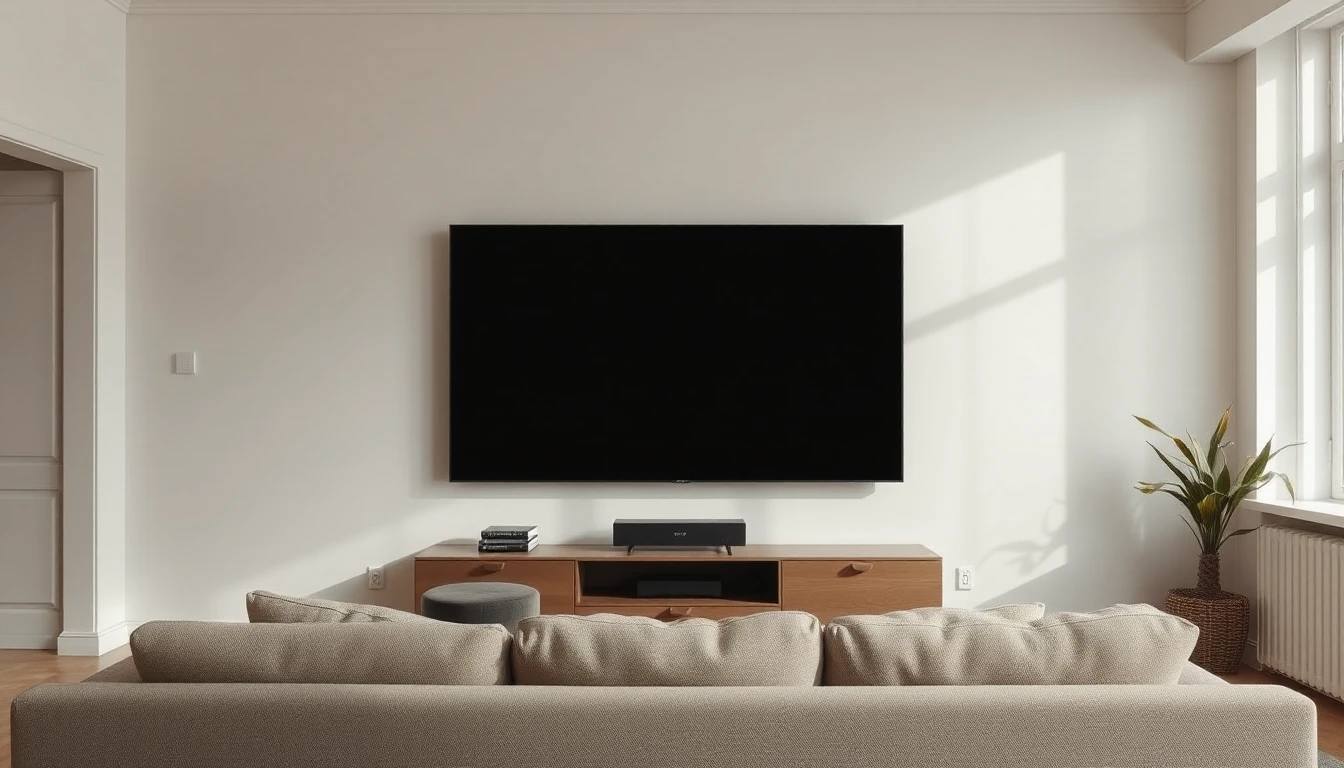 KI-Symbolbild: Ein großer ausgeschalteter Flachbildfernseher hängt an der Wand eines hellen Wohnzimmers über einem Sideboard, davor ein Sofa.