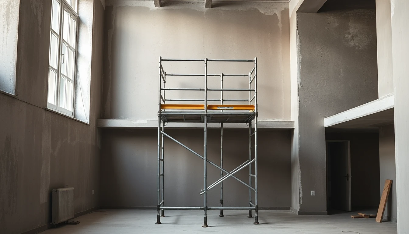 KI-Symbolbild: Ein stabiler Aluminium-Gerüstturm mit Geländer steht in einem hohen, unfertigen Raum bei Tageslicht.