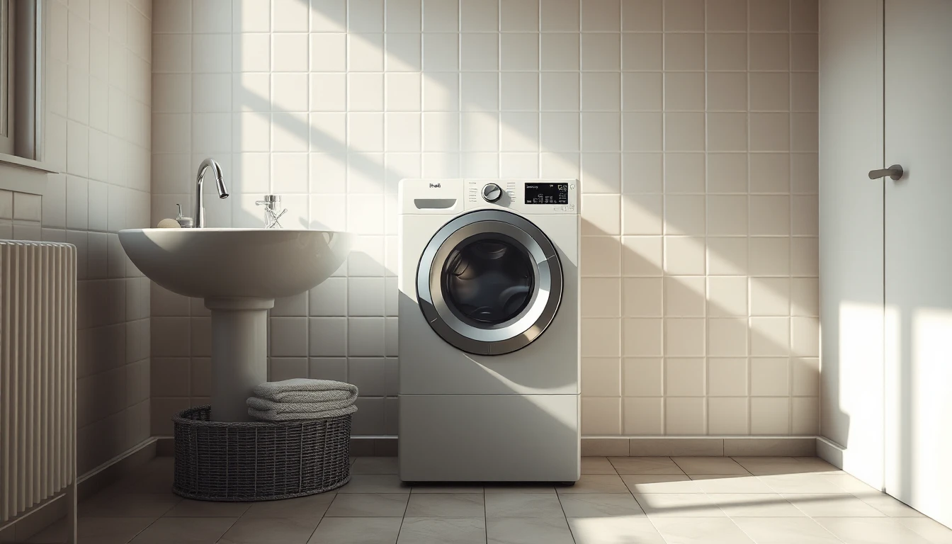 KI-Symbolbild: Eine moderne Frontlader-Waschmaschine steht in einem gefliesten Badezimmer neben einem Waschbecken und einem Wäschekorb.