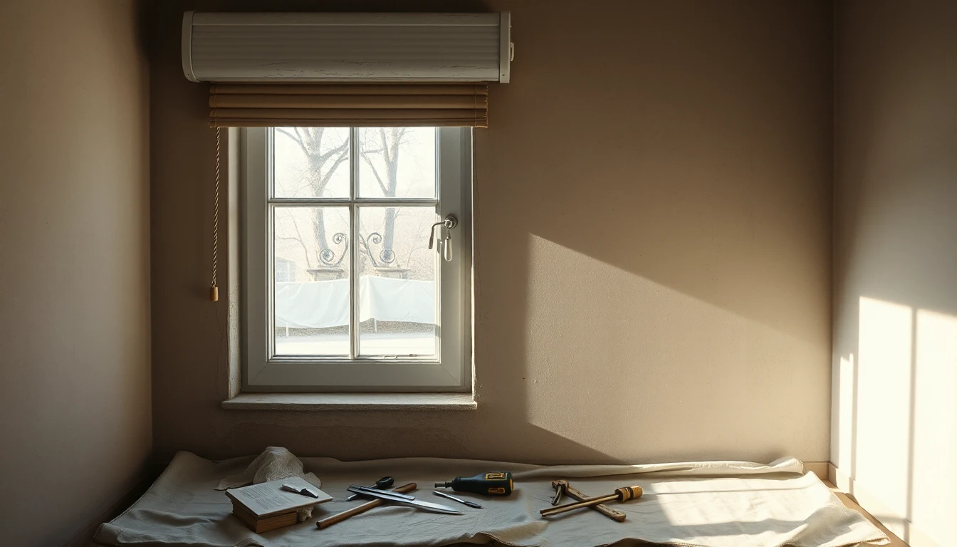 KI-Symbolbild: Ein Fenster mit einem Rollladenkasten darüber in einer Wand, darunter liegt Werkzeug auf einem Abdecktuch.