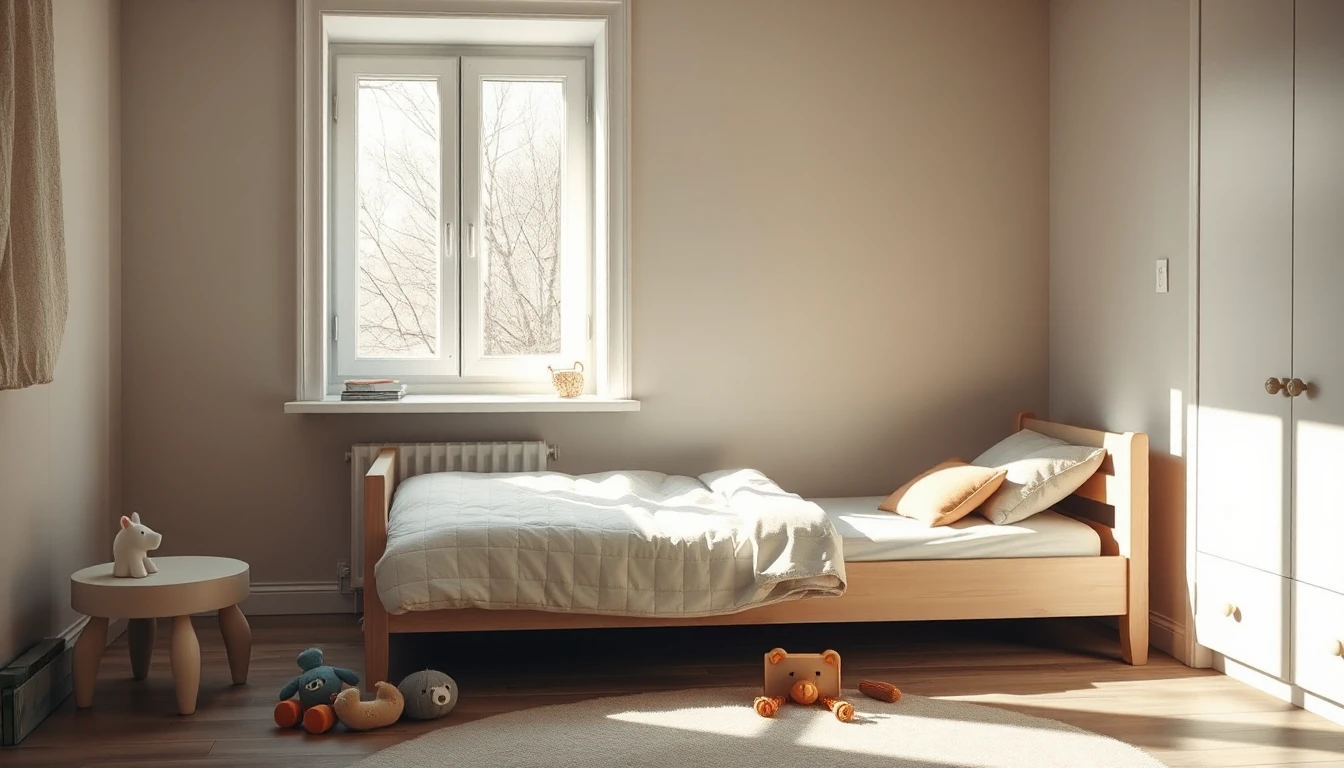 KI-Symbolbild: Ein helles Kinderzimmer mit Holzbett, Spielzeug, Hocker und einem weißen Fenster, durch das Tageslicht fällt.