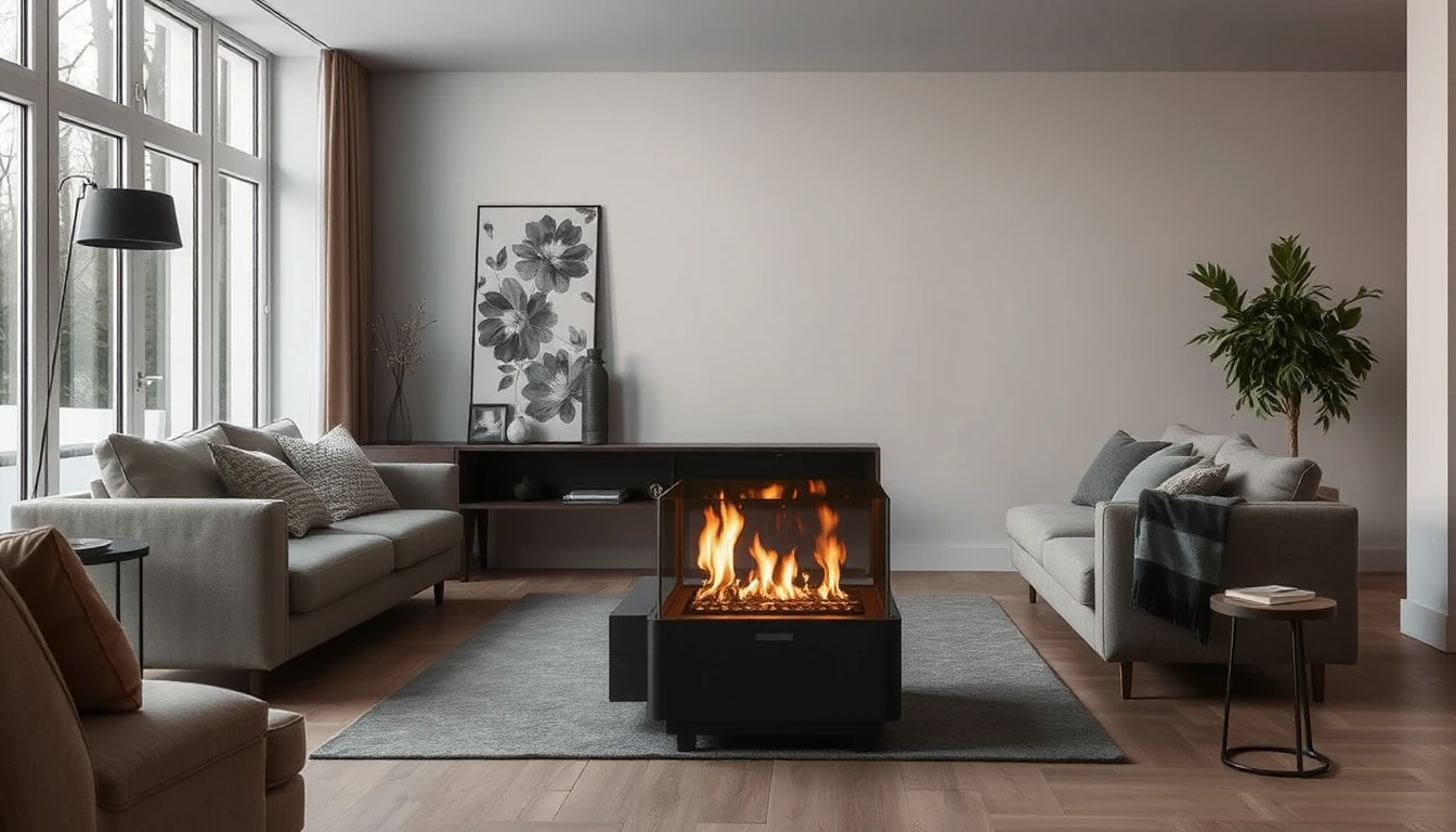 KI-Symbolbild: Ein freistehender schwarzer Kamin mit Glasfront und brennender Flamme steht auf einem Teppich in einem Wohnzimmer mit zwei Sofas.