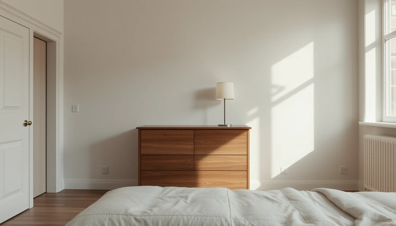 KI-Symbolbild: Eine Holzkommode mit Lampe steht an einer hellen Schlafzimmerwand, im Vordergrund liegt ein Bett, durch das Fenster fällt Tageslicht.