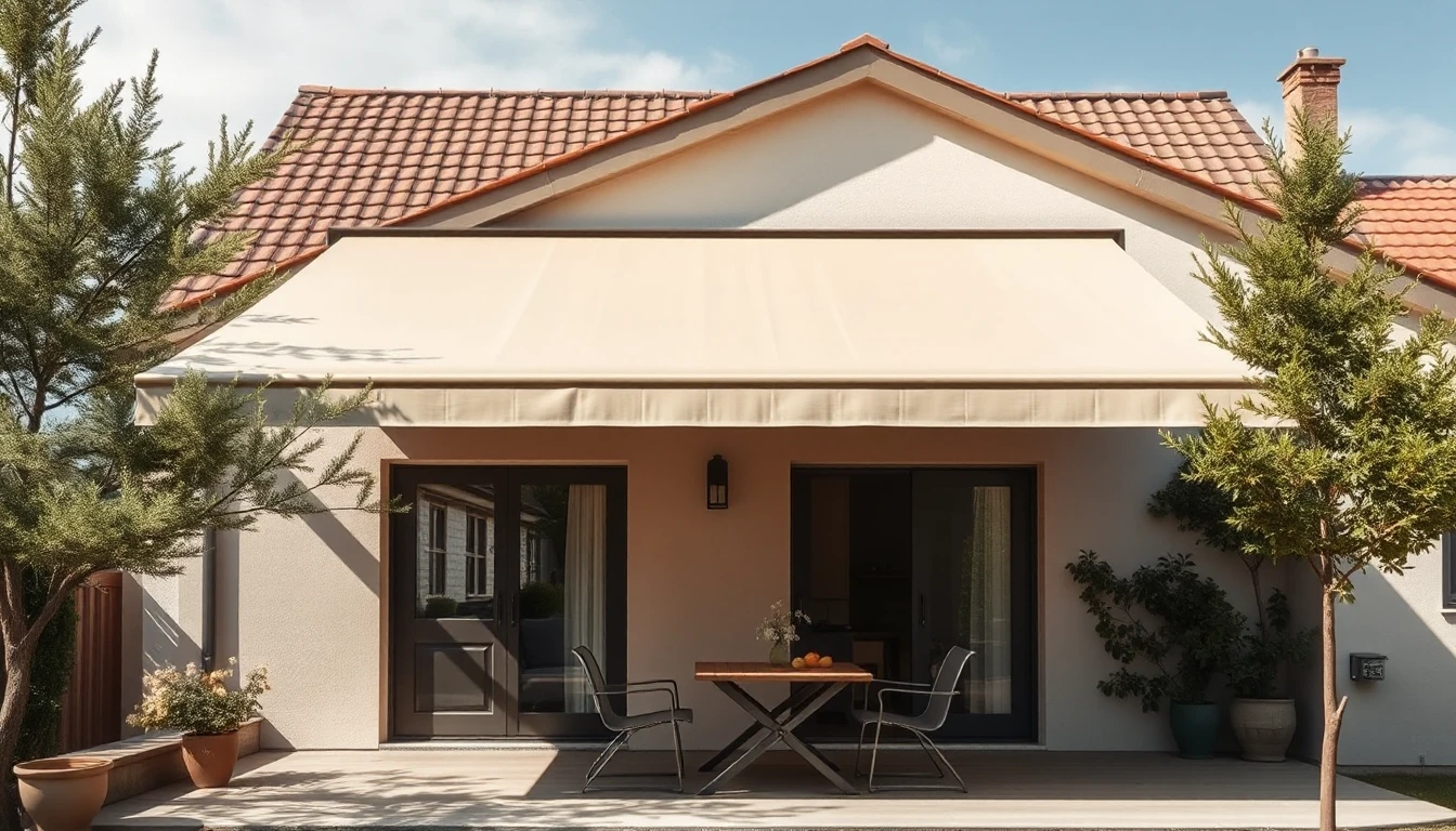 KI-Symbolbild: Eine ausgefahrene beige Markise überspannt eine sonnige Hausterrasse mit Tisch und zwei Stühlen, daneben stehen Bäume und Pflanzen.