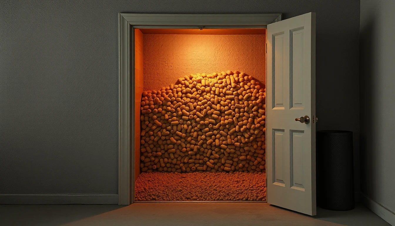 KI-Symbolbild: Durch eine geöffnete weiße Tür sieht man einen Lagerraum, in dem sich ein großer Haufen Holzpellets an der Wand türmt.