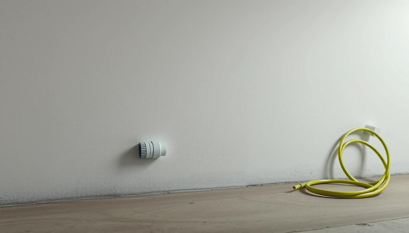 KI-Symbolbild: Ein kurzes weißes Rohrstück ragt aus einer hellen Wand, daneben liegt ein aufgerolltes gelbgrünes Kabel auf dem Boden.