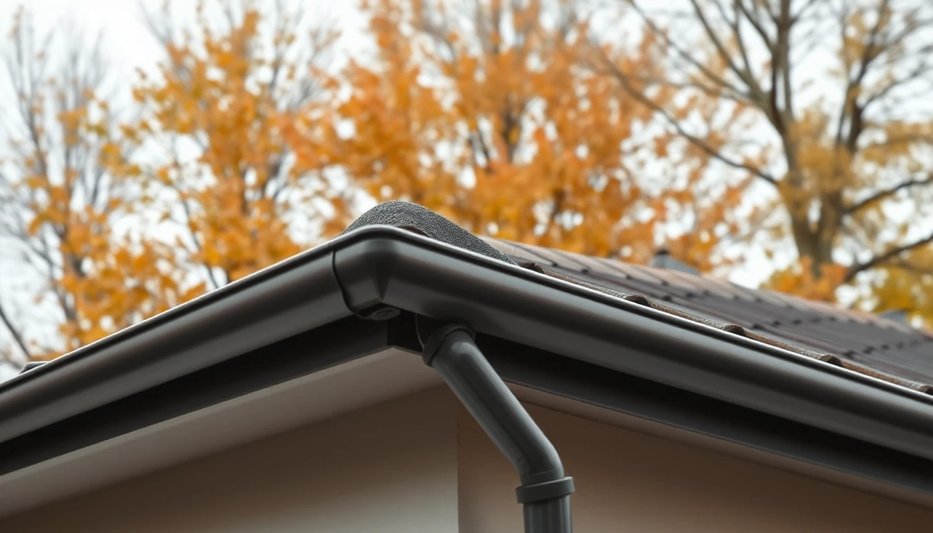KI-Symbolbild: Eine saubere dunkle Metalldachrinne mit Fallrohr am Dachrand eines Hauses, dahinter Bäume mit gelbem und orangem Herbstlaub.