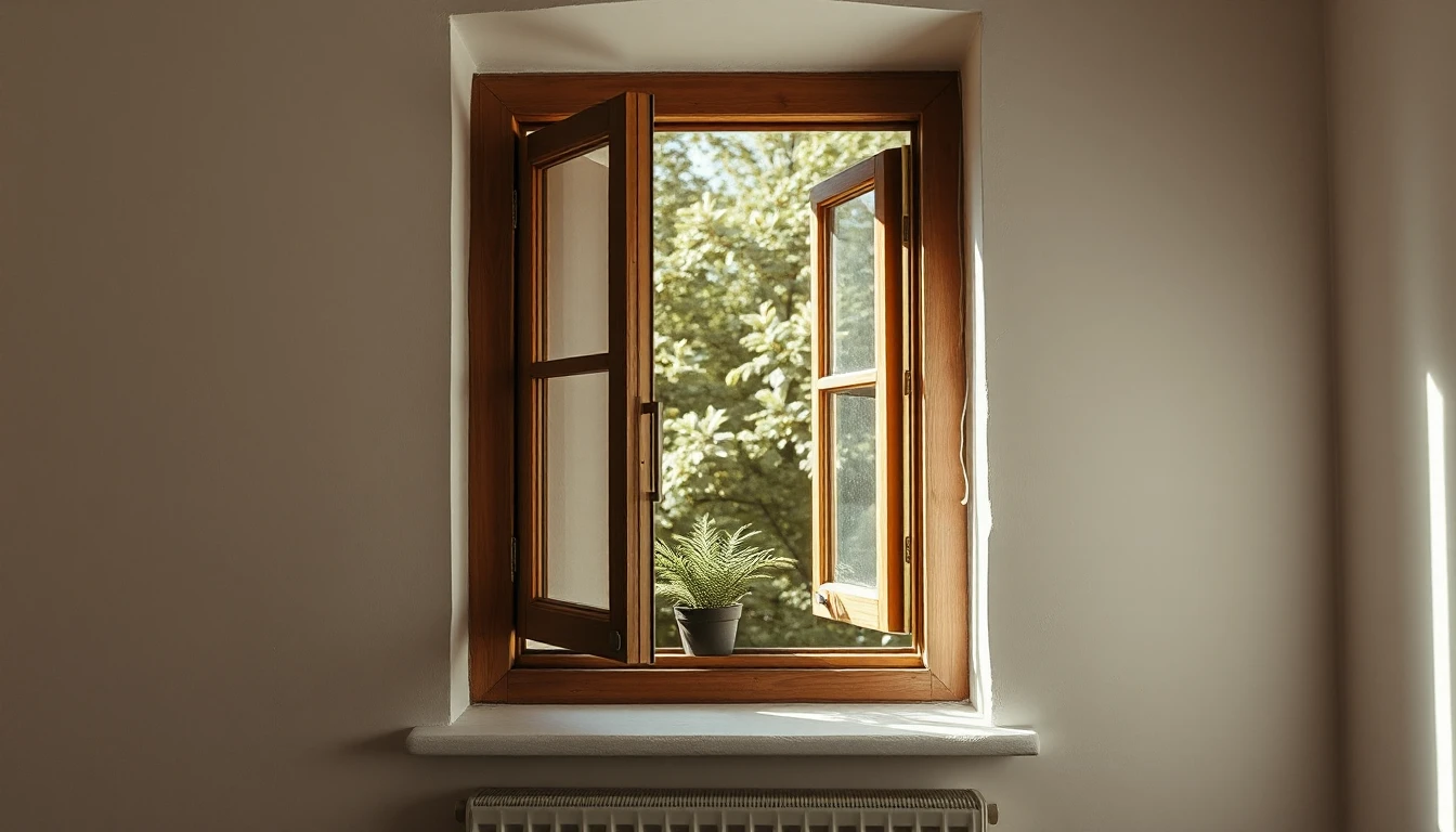 KI-Symbolbild: Ein Holzfenster mit geöffneten Flügeln in einer älteren Wohnung, auf der Fensterbank steht eine Pflanze, darunter ein Heizkörper.