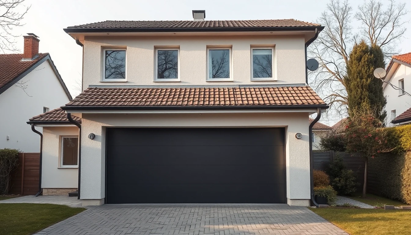 KI-Symbolbild: Ein Einfamilienhaus mit geschlossenem dunklem Garagentor und gepflasterter Zufahrt bei Tageslicht.