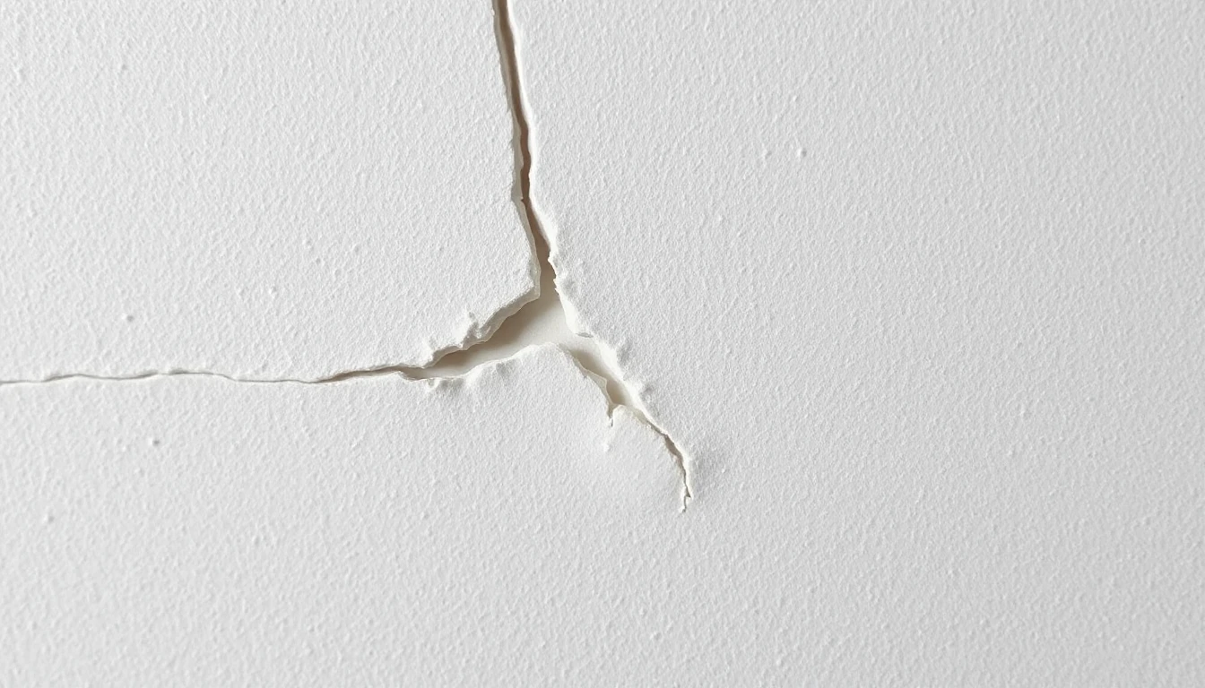 KI-Symbolbild: Nahansicht eines feinen, verzweigten Risses in einer weiß verputzten Wand bei weichem Tageslicht.