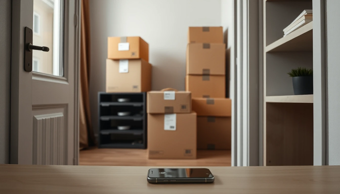 KI-Symbolbild: Ein Smartphone liegt auf einer Ablage vor einem Zimmer mit gestapelten Umzugskartons, einem Regal und einer Tür mit Fenster.