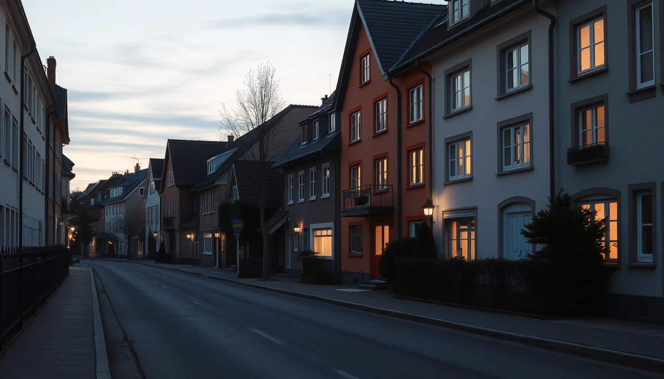 KI-Symbolbild: Eine ruhige Wohnstraße in der Abenddämmerung mit mehrstöckigen Häusern, beleuchteten Fenstern, einem kahlen Baum und einer Hecke am Gehweg.