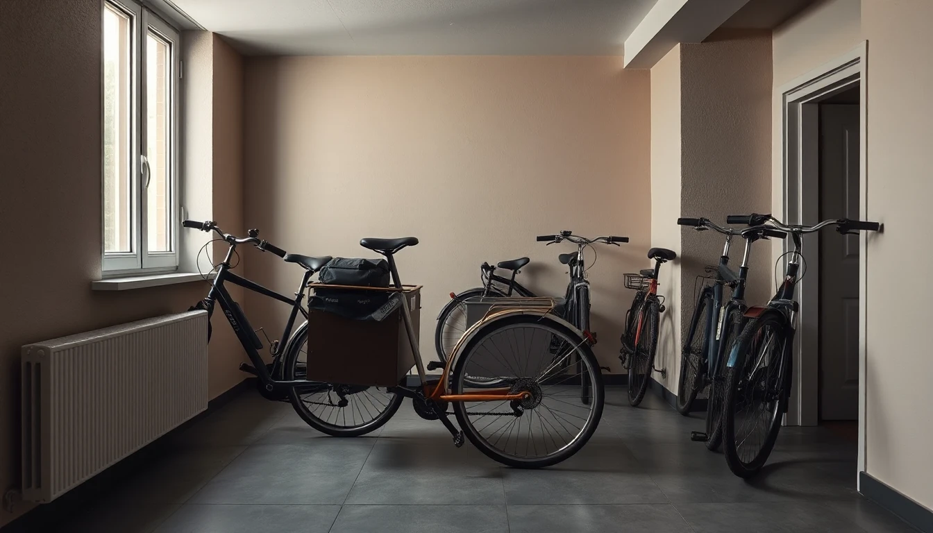KI-Symbolbild: Fahrradraum eines Mehrfamilienhauses mit einem Lastenrad und mehreren Fahrrädern verschiedener Größe, in der Mitte bleibt ein freier Gang.