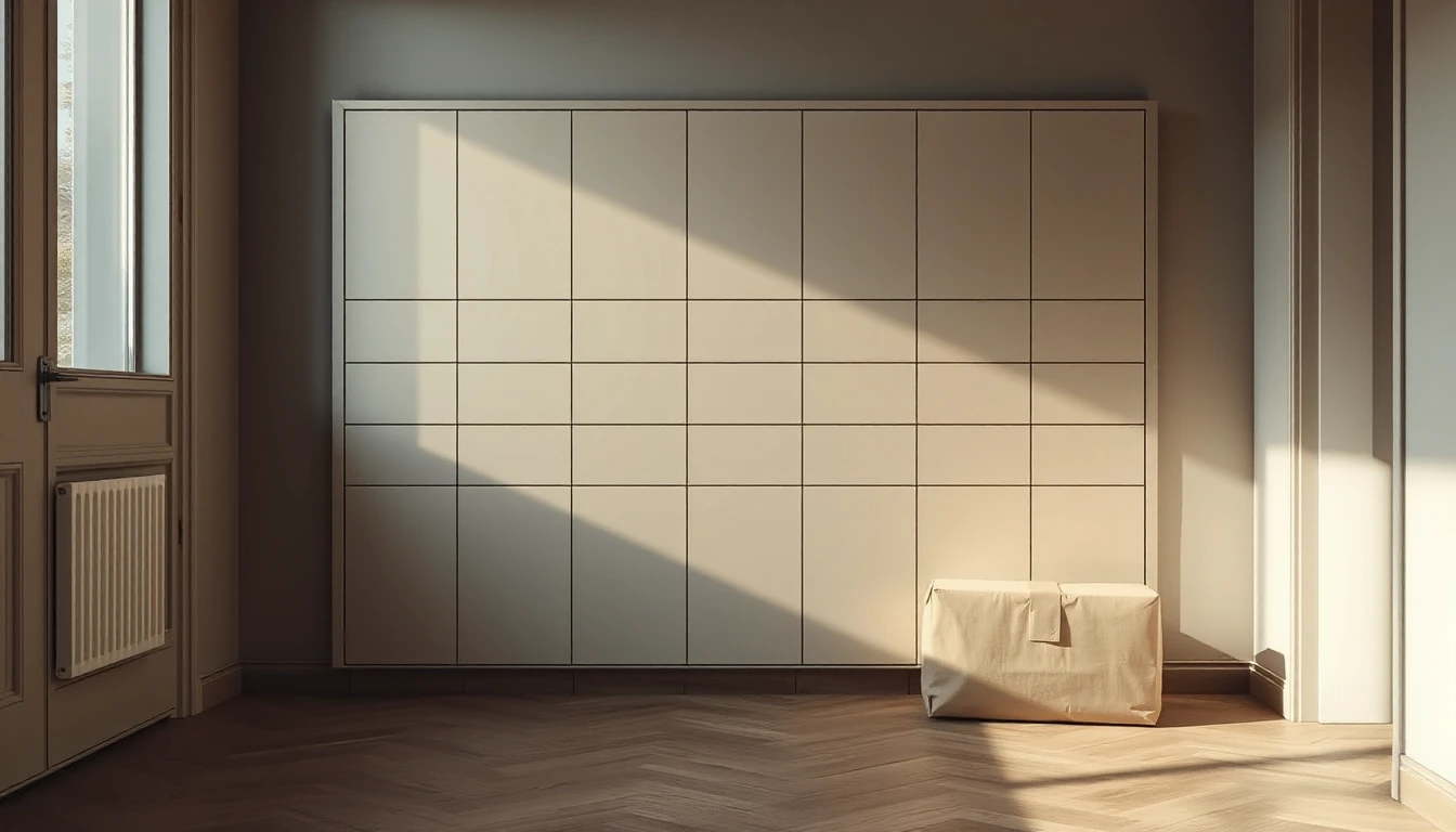 KI-Symbolbild: Eingangsbereich eines Mehrfamilienhauses mit einer schlichten, unbeschrifteten Fächerwand an der Wand und einem verpackten Paket auf dem Boden.