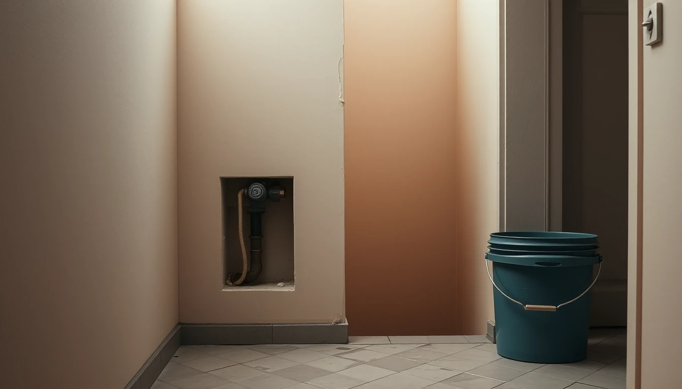 KI-Symbolbild: Treppenhausnische mit einer Absperrarmatur an der Wand und einem blauen Eimer, der bereitsteht.
