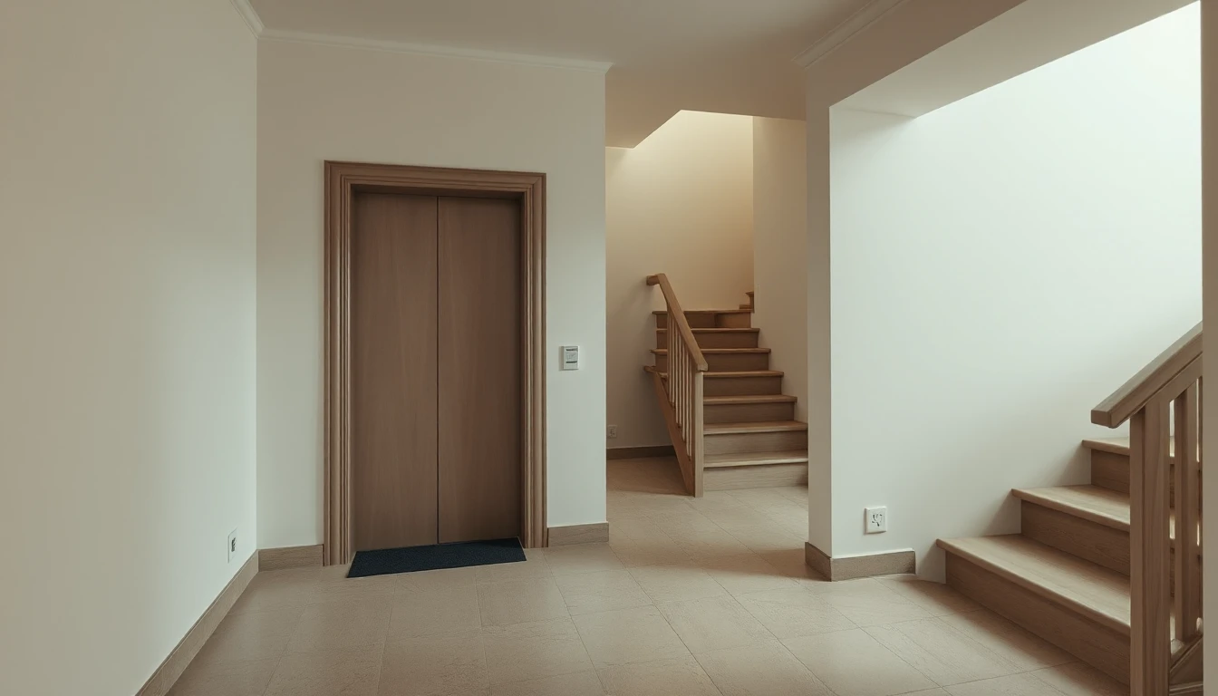 KI-Symbolbild: Ein Hausflur mit geschlossener Aufzugstür neben einer Fußmatte und einer Holztreppe mit Geländer in hellem Tageslicht.