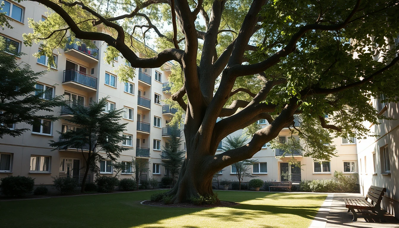 KI-Symbolbild: Ein großer alter Laubbaum steht auf einer Rasenfläche im Gemeinschaftsgarten eines Wohnhauses mit Balkonen, Sträuchern und Parkbänken.