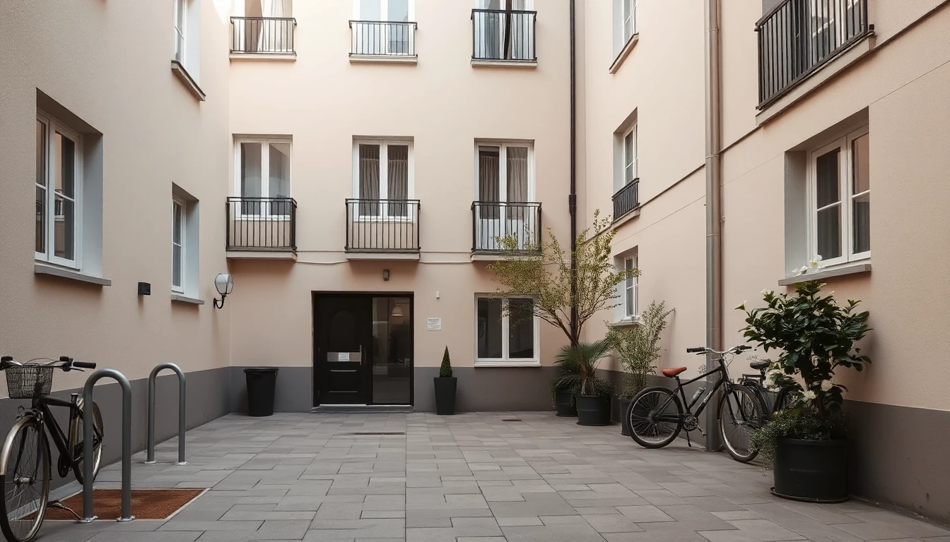 KI-Symbolbild: Ein gepflasterter Innenhof eines Wohnhauses mit Fahrradbügeln, zwei Fahrrädern, Pflanzkübeln und einem dunklen Hauseingang.