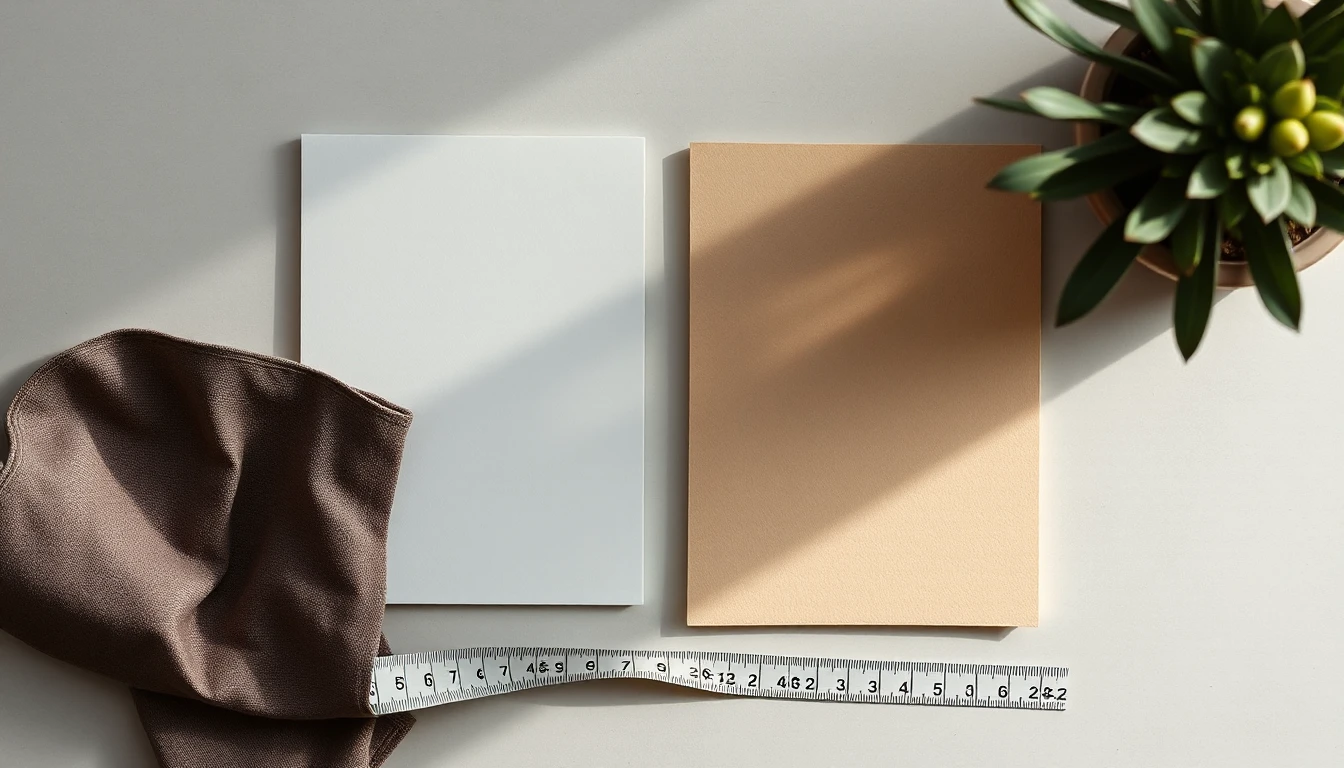 KI-Symbolbild: Draufsicht auf zwei schlichte Materialproben, eine weiße und eine beige, daneben ein Maßband, ein brauner Stoff und eine Zimmerpflanze.