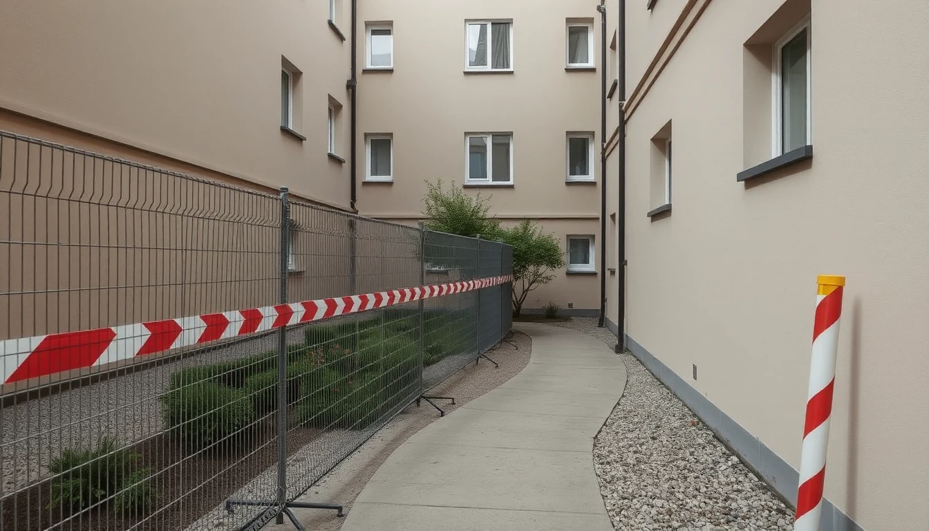 KI-Symbolbild: Ein Bauzaun mit rot-weißem Absperrband säumt einen Wohnhofweg, daneben verläuft ein Betonweg zwischen Hauswand und Kiesstreifen.