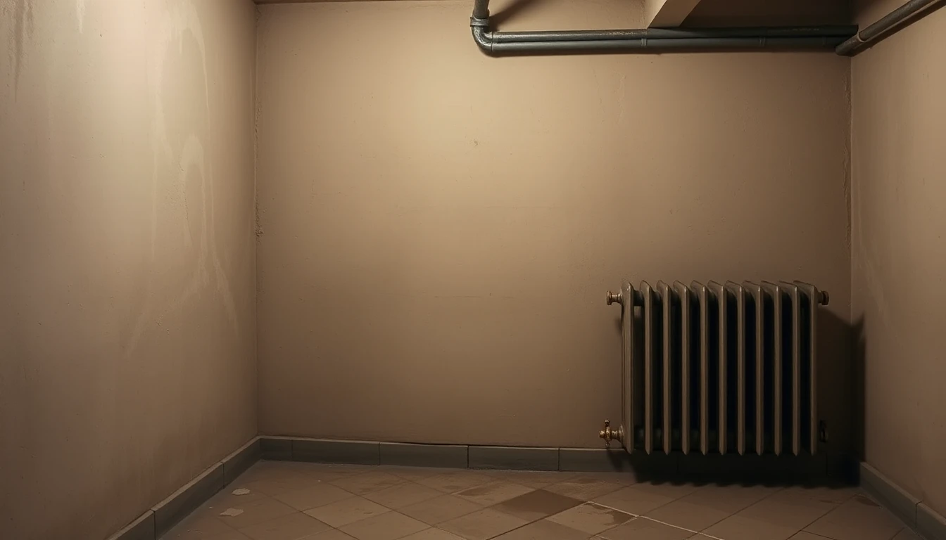 KI-Symbolbild: Ein leerer Kellerraum mit einem Gussheizkörper an der Wand, Rohren an der Decke und einem gefliesten Boden.