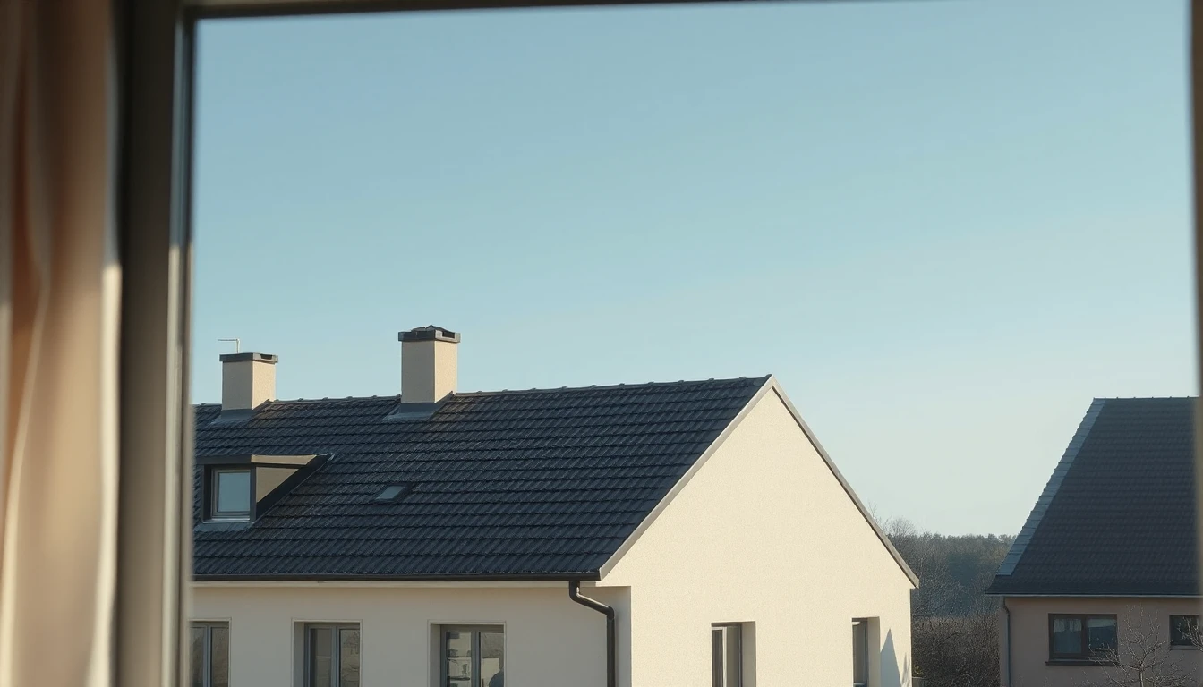 KI-Symbolbild: Blick aus einem Fenster auf ein dunkel gedecktes Satteldach mit zwei Schornsteinen unter blauem Himmel.