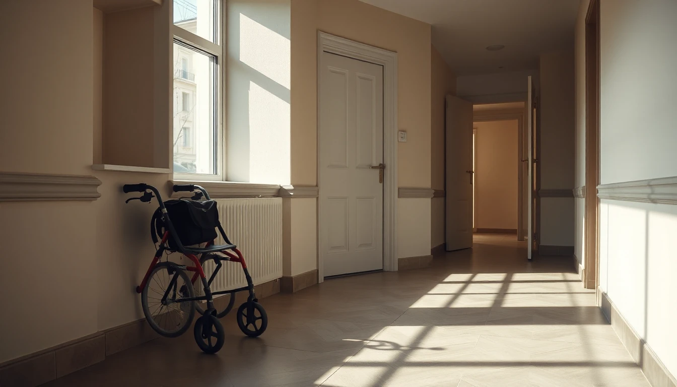 KI-Symbolbild: Heller Hausflur eines Mehrfamilienhauses mit einem Rollator in einer Nische neben dem Fenster und einem breiten, freien Gang.