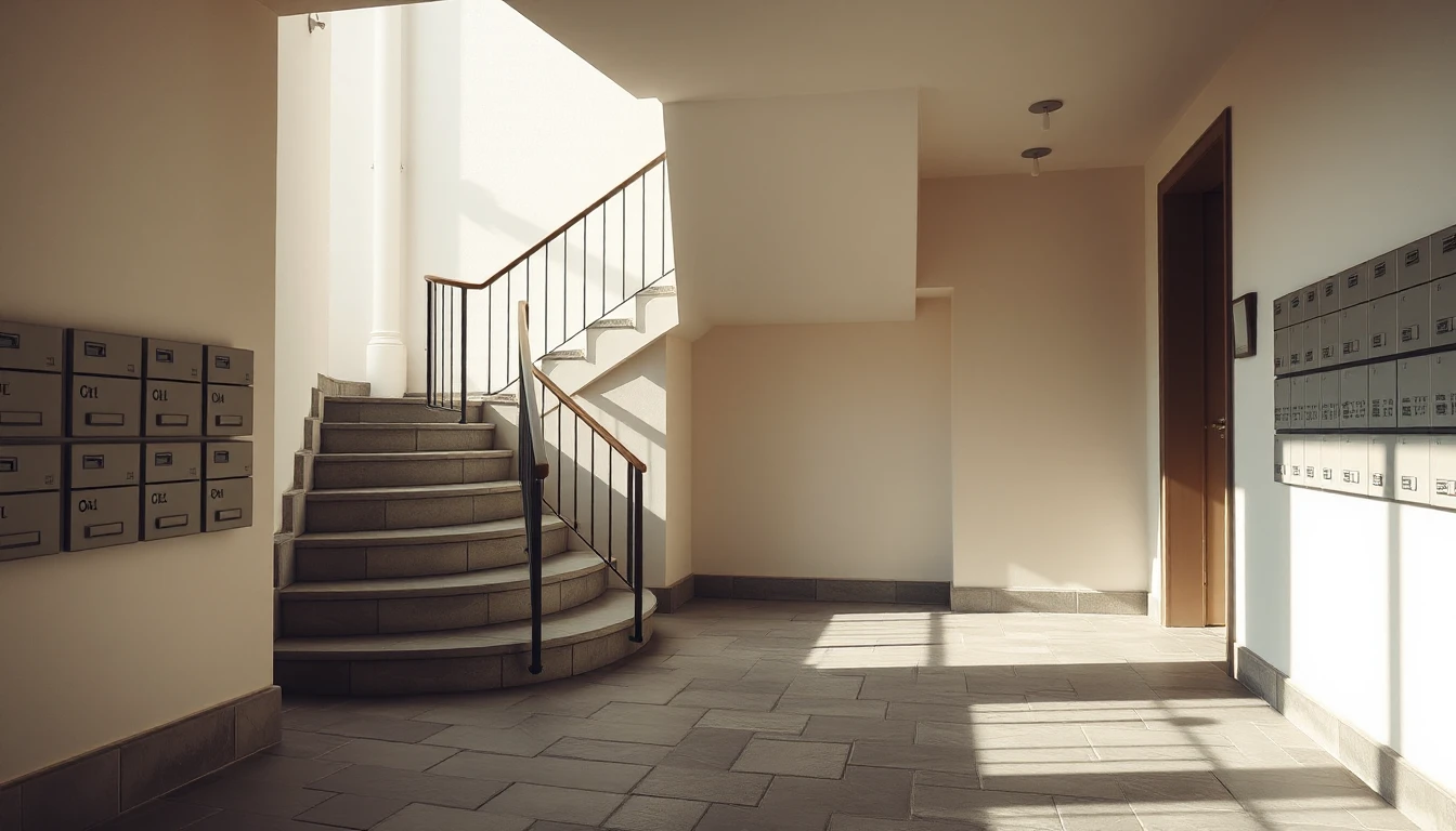 KI-Symbolbild: Heller Eingangsbereich eines Mehrfamilienhauses mit Steinboden, geschwungener Treppe mit Geländer und Briefkastenanlagen an den Wänden.