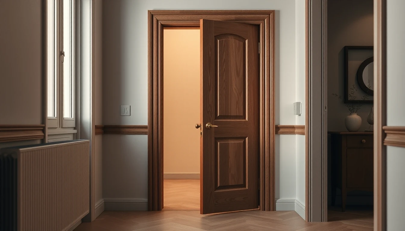 KI-Symbolbild: Eine halb geöffnete Holztür in einem Wohnungsflur mit Fischgrätparkett, Heizkörper und warmem Licht.
