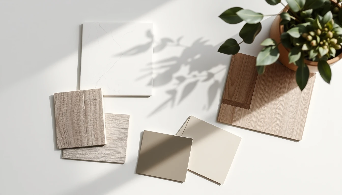 KI-Symbolbild: Draufsicht auf einem hellen Tisch mit Mustern aus weißer Fliese, Holzbelag und beigen Farbkarten, daneben eine Topfpflanze mit Schattenwurf.