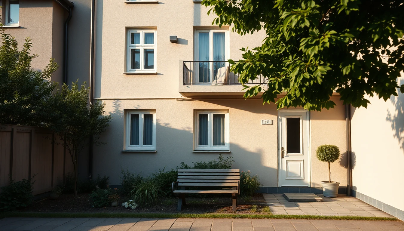 KI-Symbolbild: Kleines Wohnhaus mit weißer Eingangstür, Parkbank vor Sträuchern und einem Baum im warmen Abendlicht.