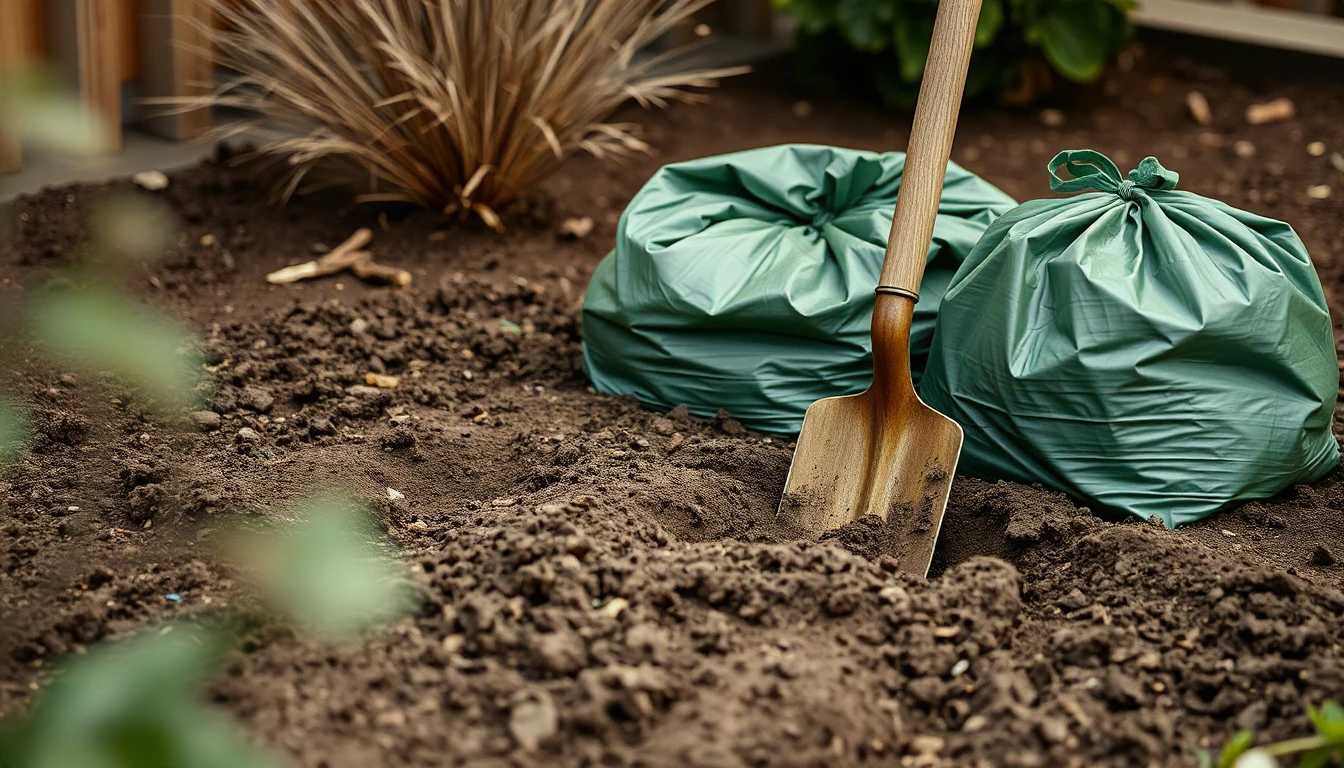 KI-Symbolbild: In frisch aufgegrabener Gartenerde steckt ein Spaten, daneben stehen zwei zugebundene grüne Gartenabfallsäcke.