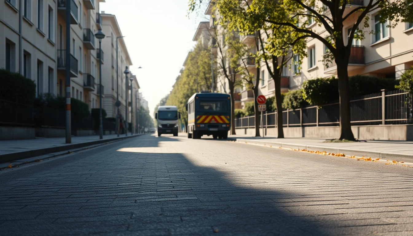 KI-Symbolbild: Sonnenbeschienene Wohnstraße mit gepflastertem Boden, Bäumen und Fahrzeugen in der Ferne.